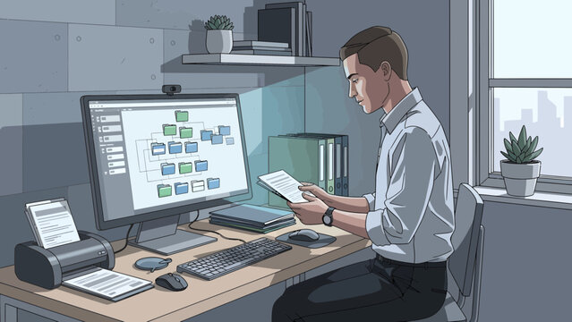 Man working diligently at his computer desk.