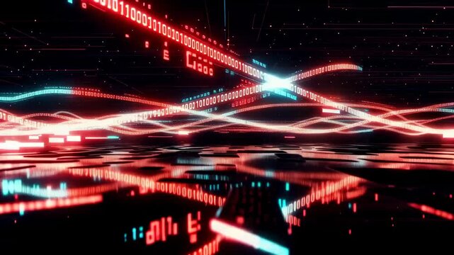 This captures a stunning visual representation of binary code in motion, set against a dark backdrop with flashes of red and blue light, creating a captivating and futuristic ambiance.