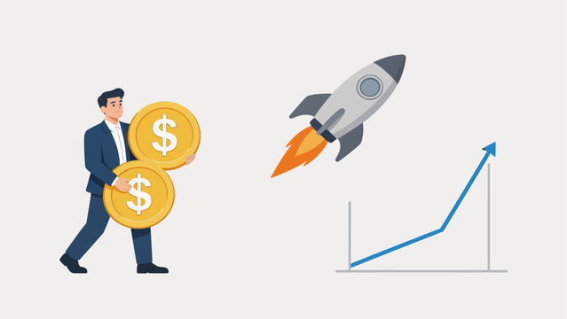 Businessman with coins rocket chart