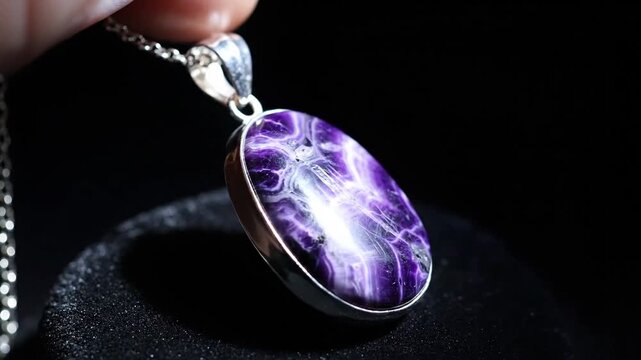 Elegant Charoite Pendant on Silver Chain in Detailed Close Up