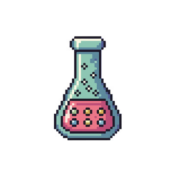 A charming pixel-art Erlenmeyer flask contains a vibrant pink solution with colorful particles and white sparkles against a white backdrop.