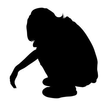 A silhouette of a person crouching with head down and one arm extended.