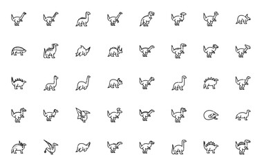 Dinosaurs icon set. Vector collection of prehistoric creatures including T-Rex, Triceratops, Stegosaurus, Velociraptor, Brachiosaurus, Pterodactyl and more. Editable outline illustrations. © wang