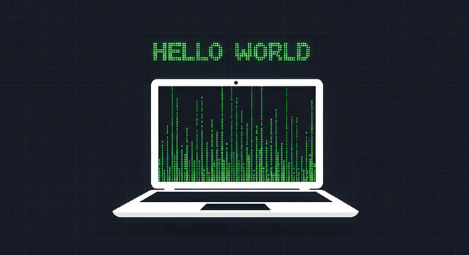 Hello World laptop with green matrix code, programming for Earth Day, eco-friendly technology, sustainable digital development, global connectivity, software engineering concept.