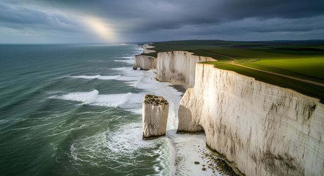 Majestic white chalk cliffs and sea stack under dramatic storm clouds with golden light rays, aerial coastal landscape, pristine ocean waves, natural wonder, Earth Day theme.