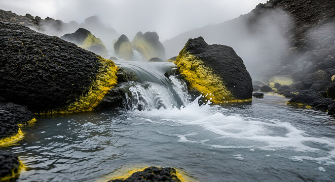 Geothermal hot spring flowing over sulfur-crusted volcanic rocks, steaming lava landscape, Earth Day natural wonder, primeval geological activity, raw environmental beauty.
