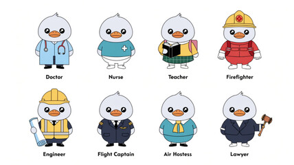 Obraz premium Set of cute and funny cartoon animal and monster characters in vector style , Duck faces in uniform for kids design collection sticker style