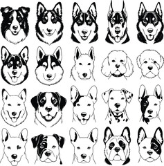 Obraz premium PrintCartoon dog faces illustration, diverse breed collection, cute pet portrait grid, stylized animal character design, playful canine artwork background