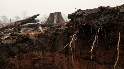 Fototapeta premium Dangling roots exposed in a deep scar of stripped earth with blurred stumps beyond, illustrating rainforest deforestation, soil collapse, logging damage and severe environmental destruction