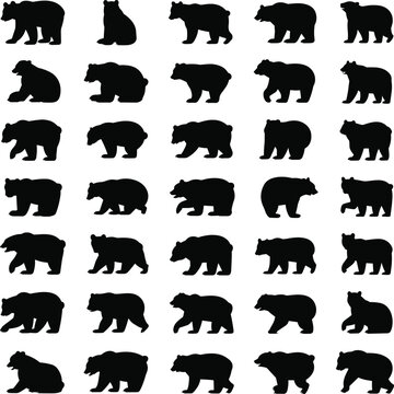 PrintBear silhouettes pattern with hidden cats, animal puzzle illustration, wildlife vector art, black silhouettes grid, unique animal design concept