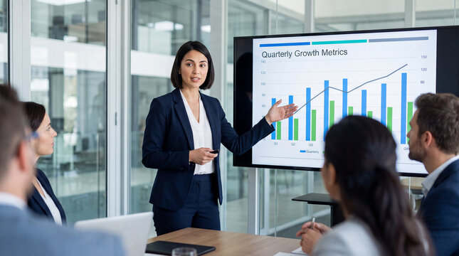 Businesswoman presenting quarterly growth metrics in modern office  