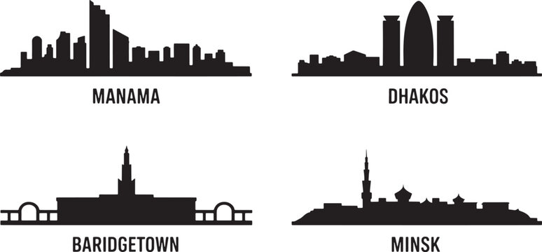 Capital cities skyline silhouettes for manama dhakos baridgetown and minsk urban architectures