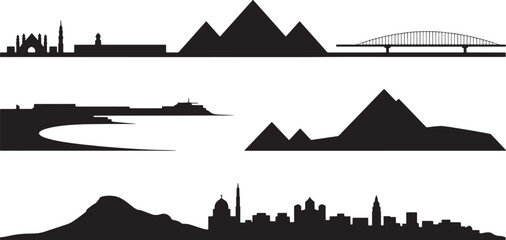 Fototapeta premium Egyptian pyramids and ancient landmarks skyline silhouettes with desert landscape and bridges