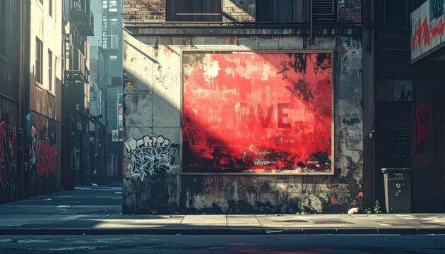 Narrow urban alley, sunlit, with faded red poster and graffiti-covered walls