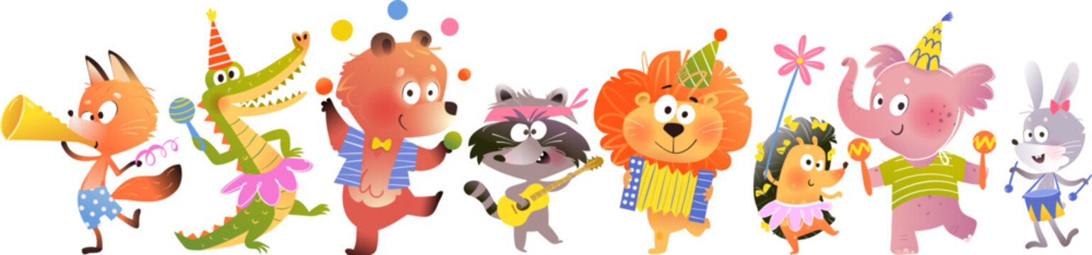 Musical party dancing animals Fox, Crocodile, Bear, Raccoon, Lion, Elephant. Funny dressed baby animals play music for children. Vector cartoon celebration characters illustration collection for kids