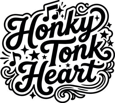 Honky tonk heart lettering with stars musical notes and swirls black and white vector art