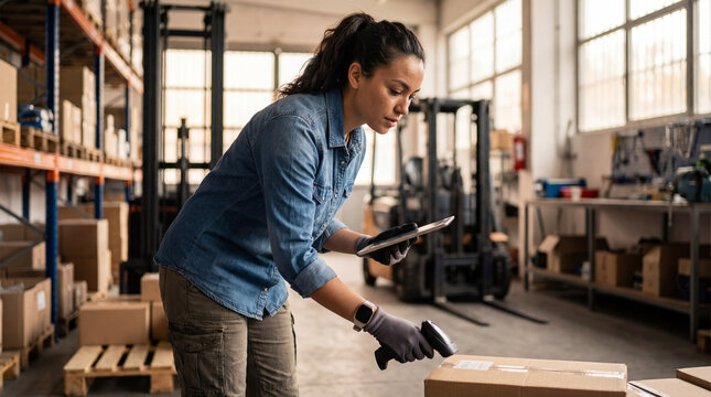 Woman scanning package with barcode reader in warehouse environment  