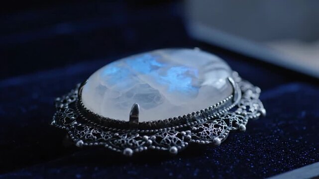 Glowing Moonstone Brooch in Silver Setting at Dusk