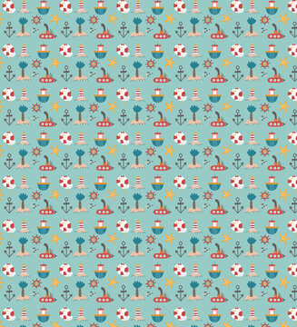 Seamless Nautical Summer Pattern with Anchors, Lighthouses and Submarines &ndash; Cute Ocean Vector Background