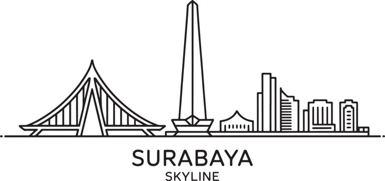 Surabaya skyline line art illustration featuring bridge monument and skyscrapers in indonesia