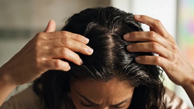 Woman examining hair with concern and worry