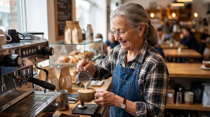 Fototapeta premium Elderly woman pouring milk into coffee cup at cafe counter 