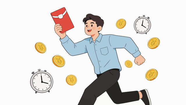 Man running with money and clock