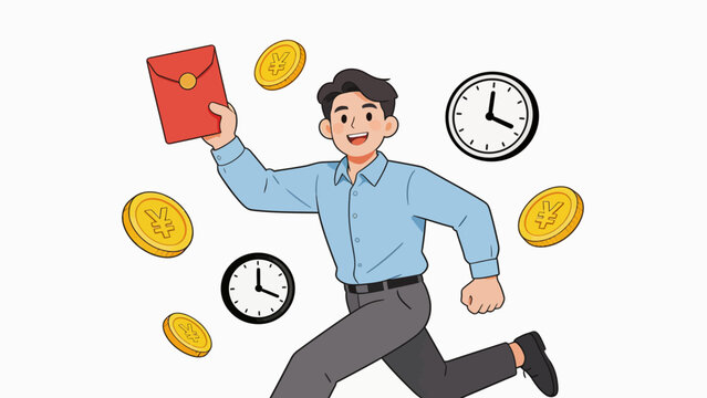 Man running with money and clocks