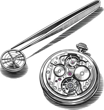 Vintage pocket watch, mechanical gears, open clockwork, silver timepiece, illustration