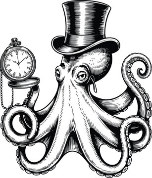 Elegant Octopus Whimsical Steampunk Black and White Engraving Detailed Line Art for Vintage Apparel Design and Branding isolated on white background