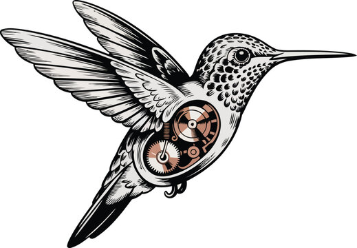 Steampunk Hummingbird with intricate clockwork gears in a monochromatic vector illustration for vintage graphic design. isolated on white background