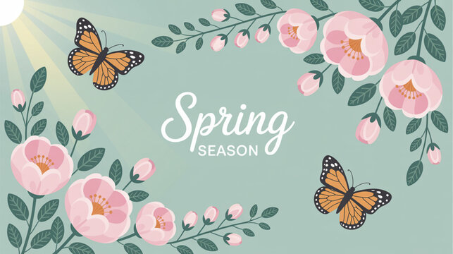 Spring season, floral, butterflies, pink flowers, green leaves, seasonal, vector graphics