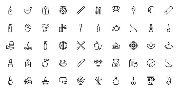 Beauty & Spa icon set. Minimal line vector icons including candle, mirror, towel, soap, spa, perfume, nail polish, facial mask, lotus and more.