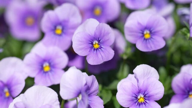 Pink pansy flowers blooming in spring. Delicate violet viola flowers in garden light. Pansy blossom close up in sunlight. Violet viola flower blooming in spring garden. Soft pink pansies in nature.