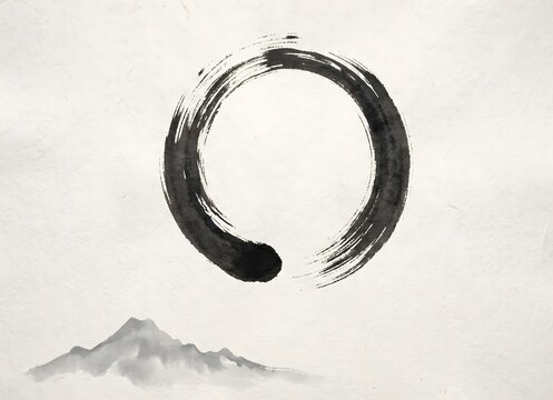 Ultra-minimalist Zen brush painting featuring a perfect, sweeping circular brushstroke representing the moon (Enso circle), with a subtle silhouette of a distant mountain peak in the lower corner. 