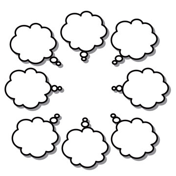 思考や回想シーンに便利なモコモコした黒縁と影付きの白い吹き出しセット