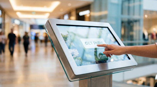 A person's hand touches a digital interactive kiosk screen in a modern shopping mall.