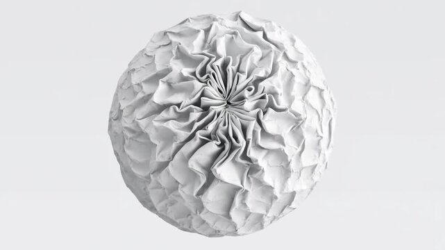 A crumpled paper animation loop of a spherical object with a textured surface, suitable for creative projects, on a plain background.