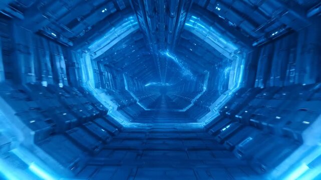 A futuristic sci-fi corridor animation depicting a cyber tunnel loop with a blue color scheme, suitable for various digital and multimedia projects with a dark and sleek mood.