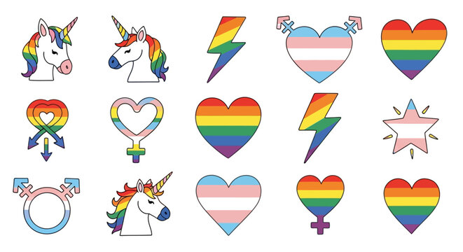 Vibrant LGBTQ+ Pride and Gender Identity Vector Symbol Collection for Diversity and Equality; Graphic Illustrations Representing Love and Acceptance in Modern Society