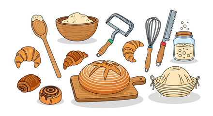 Various baked goods and baking tools arranged artfully on a white background, showcasing a culinary theme © Avra