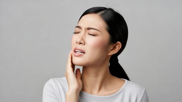 Asian Woman Experiencing Tooth Pain Holding Cheek Against Gray Studio Backdrop For Dental Healthcare Advertisements Medical Illustrations