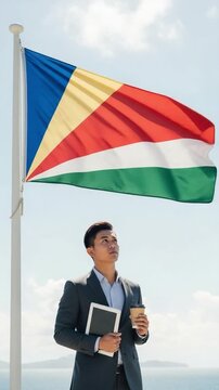 Young Asian Businessman in Seychelles Holding Tablet and Coffee Outdoors