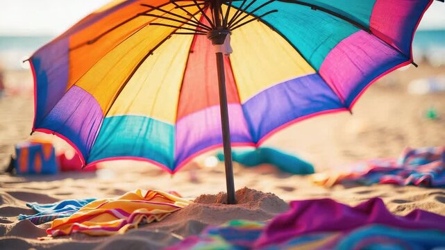 Colorful beach umbrella with towels on sand near the ocean during a sunny day