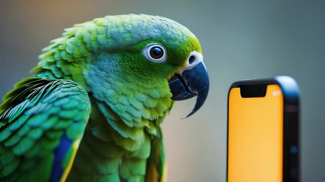 Parrot interacts with phone display in a bright setting