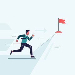 Obraz premium Businessman running uphill towards red flag on peak, achieving goal, forward motion, business success concept