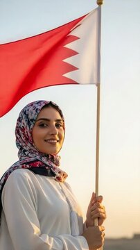 Proud young Bahraini woman wearing hijab holding national flag for National Day celebration