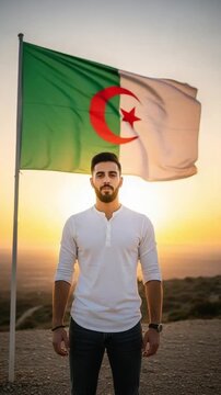 Young Algerian Man Standing Proudly in Front of National Flag at Sunset