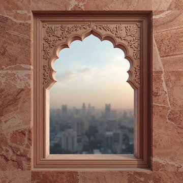 Arched window frames a cityscape view in a sandstone structure