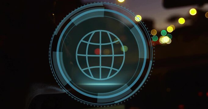 Shield popping starting cyber HUD over windshield dusk, scanning globe finding threats over driver